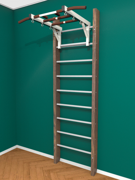 Брашированная шведская стенка "Кастерли" Классик с турником (Белые ступени)