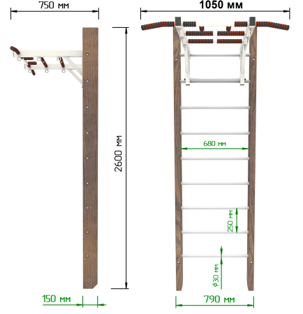 Брашированная шведская стенка "Кастерли" Classic с турником (Белые ступени)