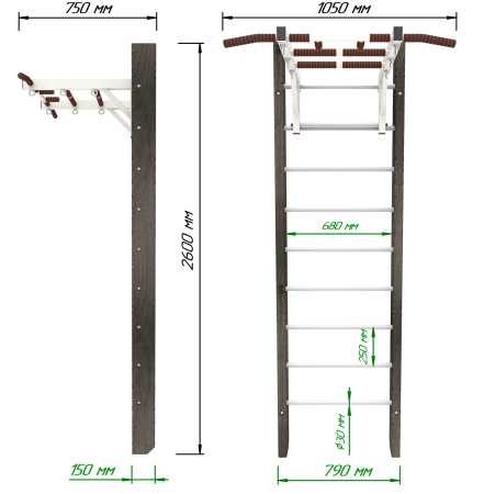 Брашированная шведская стенка "Кастерли" Черный с турником (Белые ступени)