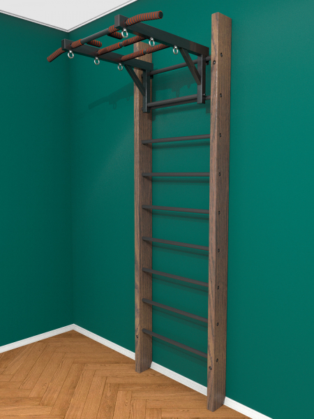 Брашированная шведская стенка "Кастерли" Классик с турником (Черные ступени)